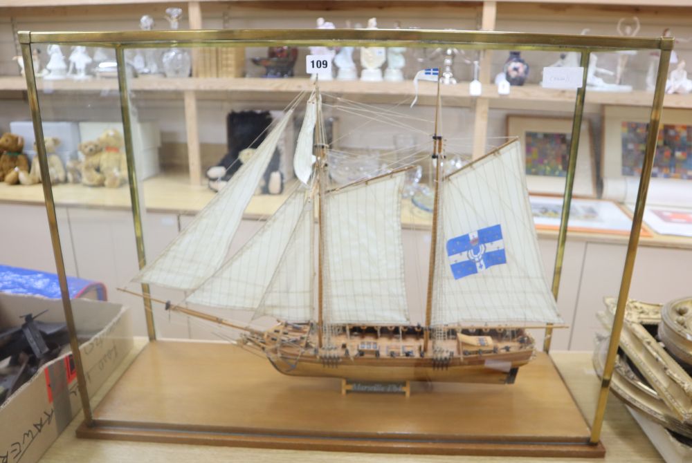 A cased model of a French naval schooner The Marseille 1764, in glazed case overall 84 x 63cm